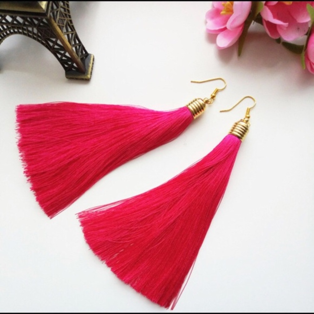 Hot Pink Long Tassel Earrings